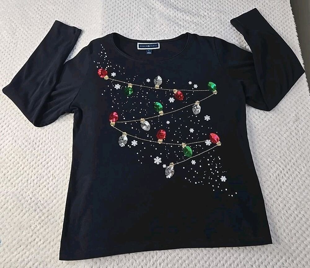 Karen Scott Christmas Top Womens L Black Sequin Holiday Lights Long Sleeve #0420